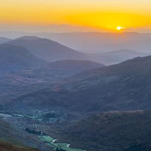 Sunrise over Owenreagh River in the Gearsallagh Valley, MacGillycuddys Reeks, Kerry, Ireland