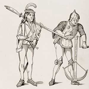 Varlet Or Squire Carrying Thick Bladed Halberd And Archer In Fighting Dress Drawing Crossbow String With Double Handled Winch. From 15Th Century Miniatures
