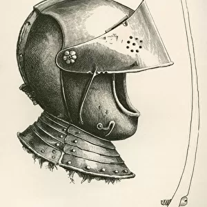 Visored Helmet Dating From C. 1643. The Piece At The Side Is The Visor Prop, Full Size, Used To Keep Up The Visor At Different Angles According To The Notch Used. From The British Army: Its Origins, Progress And Equipment, Published 1868