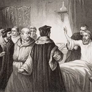 Wycliffe On His Sick Bed Assailed By The Friars At Oxford 1378. John Wycliffe, Also Spelled Wycliff, Wyclif, Wicliffe, Wiclif, C. 1330-1384, English Theologian, Philosopher And Church Reformer. Engraved By H. Bourne After George Thomas. From The Book "Illustrations Of English And Scottish History"Volume 1