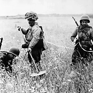 American soldiers searching a field in Northern France for landmines