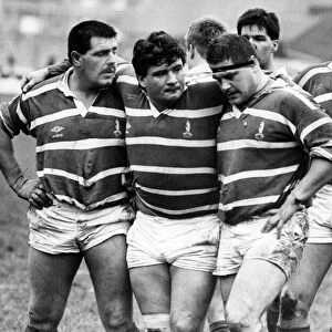 The Bridgend front row (left to right) Paul Edwards, Wayne Hall and Mike Hall
