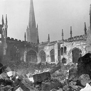 General view showing the ruins of Coventry Cathedral after it was destroyed by the German