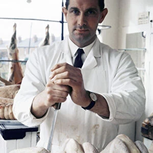 Referee Jack Taylor pictured in his job as a butcher in Wolverhampton, 1970