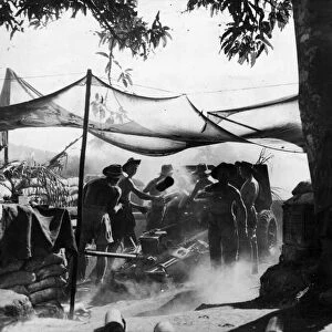 Royal Artillery battery fire against the Japanese in Pinwe. Circa January 1945
