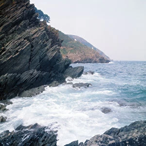 The sea over the rocks outside Polperro, Cornwall. 1973