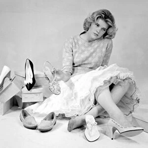 Shoes Shoes Shoes, Sunday People model tries on the latest 1959 footwear fashions