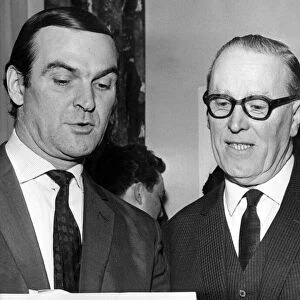 Stanley Baker chats with Mr. Julian Hodge at the reception at the Park Hotel, Cardiff