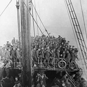World War I British soldiers and their horses on board ship on their way across