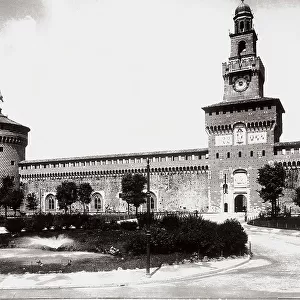 Detail of the Castello Sforzesco in Milan with the Umberto I Tower called of the Filarete and a cylindrical angular tower, project by Luca Beltrami