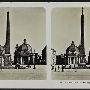 View of Piazza del Popolo with the Flaminian obelisk and the Churches of Santa Maria dei Miracoli and Santa Maria di Montesanto, Rome; Stereoscopic photography