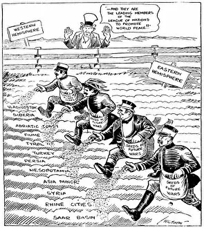 Cartoon by John T. McCutcheon for the Chicago Tribune, April 1920, critical of the members of the League of Nations for failing to uphold their mandate to promote world peace and instead sowing the seeds of war