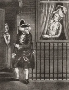 The Alluring Prostitute Beckons A Gentleman Customer From The Window. 18th Century The Alluring Prostitute Beckons A Gentleman Customer From The Window. 18th Century