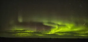 The Aurora Borealis And A Shooting Star Above Hudson Bay; Manitoba, Canada The Aurora Borealis And A Shooting Star Above Hudson Bay; Manitoba, Canada