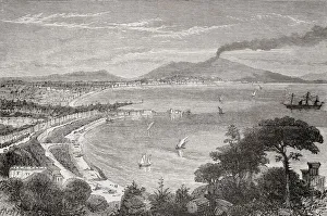 The Bay of Naples, Italy, Mount Vesuvius in the background, seen here in the 19th century The Bay of Naples, Italy, Mount Vesuvius in the background, seen here in the 19th century