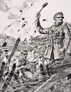 British Officer Hurling Grenades From Trench At Attacking Germans From The War Illustrated British Officer Hurling Grenades From Trench At Attacking Germans From The War Illustrated