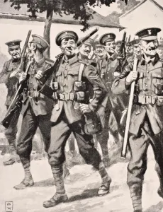 Caricature-Like Drawing Of Confident British Troops On Way To Front Line Western Caricature-Like Drawing Of Confident British Troops On Way To Front Line Western
