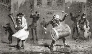 Christmas Eve serenade by 19th century street entertainers. From L'Univers Illustre, published Paris, 1859 Christmas Eve serenade by 19th century street entertainers. From L'Univers Illustre, published Paris, 1859