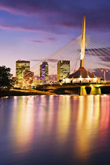 City Skyline, Red River And Provencher Bridge At Dusk, Winnipeg, Manitoba City Skyline, Red River And Provencher Bridge At Dusk, Winnipeg, Manitoba