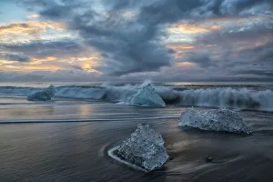 Diamond Beach, Along The South Coast Of Iceland And Is An Area Where Ice Chunks From Jokulsarlon Are Deposited On The Diamond Beach, Along The South Coast Of Iceland And Is An Area Where Ice Chunks From Jokulsarlon Are Deposited On The