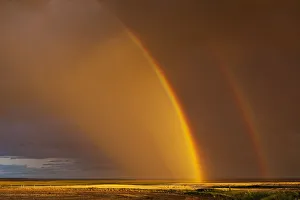 Double Rainbow Over A Prairie Field After A Storm; Val Marie, Saskatchewan, Canada Double Rainbow Over A Prairie Field After A Storm; Val Marie, Saskatchewan, Canada