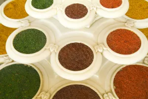 India, Agra, Abstract Colorful Bowls Of Spices In Vases From Above India, Agra, Abstract Colorful Bowls Of Spices In Vases From Above