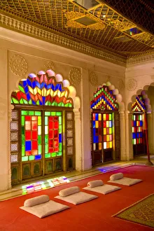 India, stained glass windows of fort palace; Rajasthan, beautiful temple for royals India, stained glass windows of fort palace; Rajasthan, beautiful temple for royals