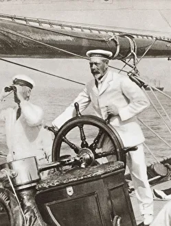 King George V At The Wheel Of His Yacht, Britannia, During Cowes Regatta Week, England King George V At The Wheel Of His Yacht, Britannia, During Cowes Regatta Week, England