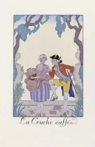 La Cruche cassee. The broken pitcher. Print showing 18th century French clothing from George Barbier' La Cruche cassee. The broken pitcher. Print showing 18th century French clothing from George Barbier'