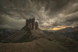 A Large Thunderstorm Looms Over Tre Cime In Natural Park Tre Cime In The Italian Dolomites; Cortina, Italy A Large Thunderstorm Looms Over Tre Cime In Natural Park Tre Cime In The Italian Dolomites; Cortina, Italy