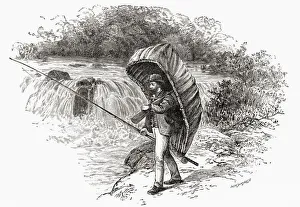 Man carrying a Welsh coracle on his back. From Welsh Pictures, published 1880 Man carrying a Welsh coracle on his back. From Welsh Pictures, published 1880