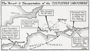 Map showing the arrest and transportation to Australia and Tasmania of the Tolpuddle Labourers, 1834 Map showing the arrest and transportation to Australia and Tasmania of the Tolpuddle Labourers, 1834