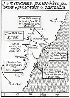 Map showing the placings in Australia of The Tolpuddle Martyrs, a group of 19th-century Dorset agricultural labourers Map showing the placings in Australia of The Tolpuddle Martyrs, a group of 19th-century Dorset agricultural labourers