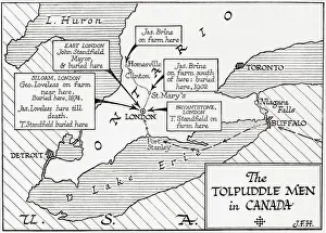 Map showing the placings in Canada of The Tolpuddle Martyrs, a group of 19th-century Dorset agricultural labourers who Map showing the placings in Canada of The Tolpuddle Martyrs, a group of 19th-century Dorset agricultural labourers who