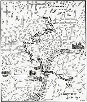 Map showing the route of the demonstration at Copenhagen Fields, London, England 21 April 1834 in protest against Map showing the route of the demonstration at Copenhagen Fields, London, England 21 April 1834 in protest against