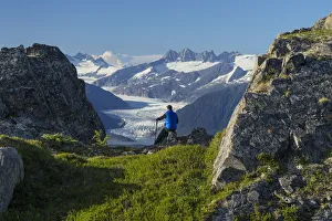Mendenhall Glacier And The Surrounding Mountains Provide A View For Hiker On Douglas Mendenhall Glacier And The Surrounding Mountains Provide A View For Hiker On Douglas