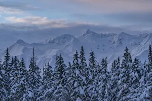 Morning light over the snow covered mountains and treetops, Haines Junction, Yukon, Canada Morning light over the snow covered mountains and treetops, Haines Junction, Yukon, Canada