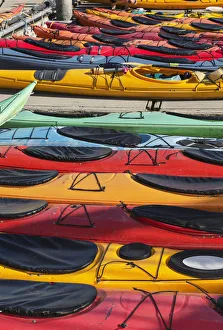 Multi-Coloured Kayaks Together At Boat Dock, Prince William Sound; Valdez, Alaska Multi-Coloured Kayaks Together At Boat Dock, Prince William Sound; Valdez, Alaska
