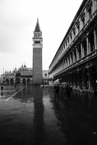 St Mark's Campanile and St Mark's Basilica in St Mark's Square on a rainy day, Venice, Italy St Mark's Campanile and St Mark's Basilica in St Mark's Square on a rainy day, Venice, Italy