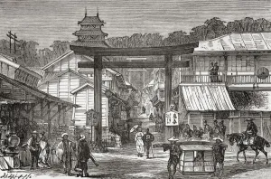A street in Japan, seen here in the 19th century. From A Voyage Round the World in 500 Days, published 1879 A street in Japan, seen here in the 19th century. From A Voyage Round the World in 500 Days, published 1879